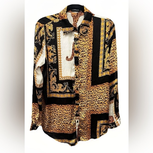 Pretty Little Thing Silky Black Gold Leopard Print Button Up Dress Shirt Blouse - Picture 1 of 11